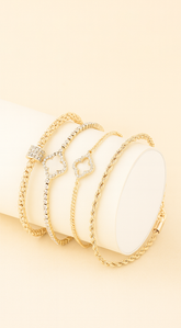 Bejeweled Bloom Clover Chain 4 Piece Set Bracelet - Gold